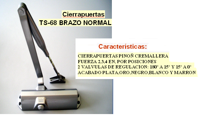 CIERRAPUERTAS DORMA TS-68 EN 2-3-4 BRAZO RETENEDOR PLATA